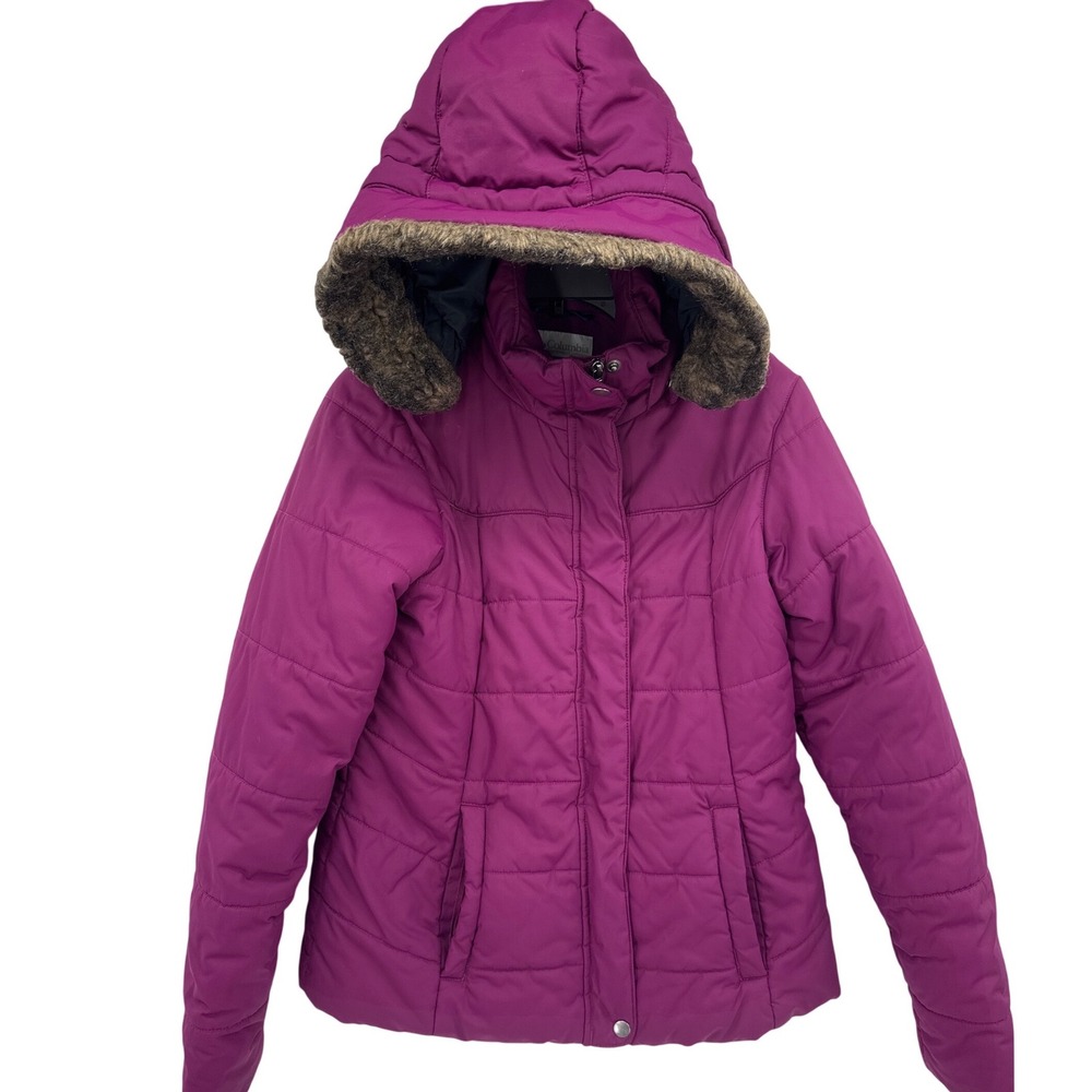 Columbia Womens Puffer Coat Omni Shield Medium Purple Faux Fur Hooded Quilted